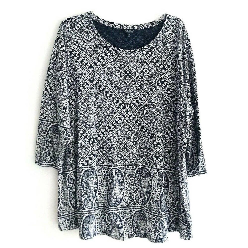 Lucky Brand | Paisley Border Print Top Women Plus Size 2X Black Shirt 3/4 Sleeve